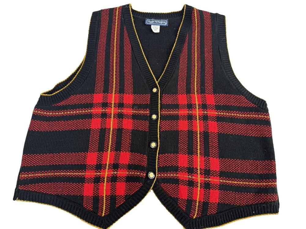 Maggie McNaughton Plaid Button Front Knit Sweater Vest V-Neck 2X Vintage